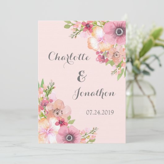 Blush Rustic Pink Flowers Wedding Invitations Kaart (Staand voorkant)