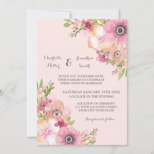 Blush Rustic Pink Flowers Wedding Invitations Kaart (Achterkant)