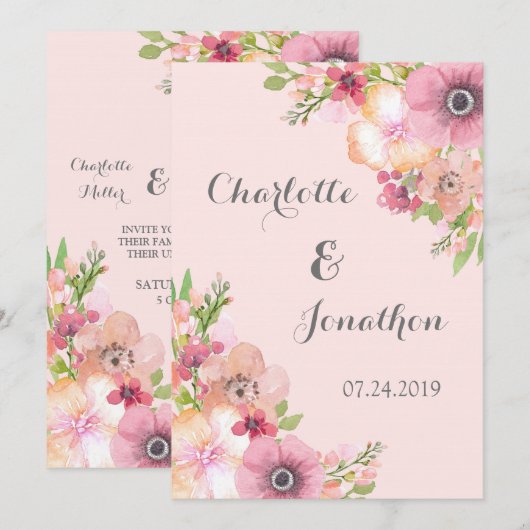 Blush Rustic Pink Flowers Wedding Invitations Kaart (Voorkant / Achterkant)