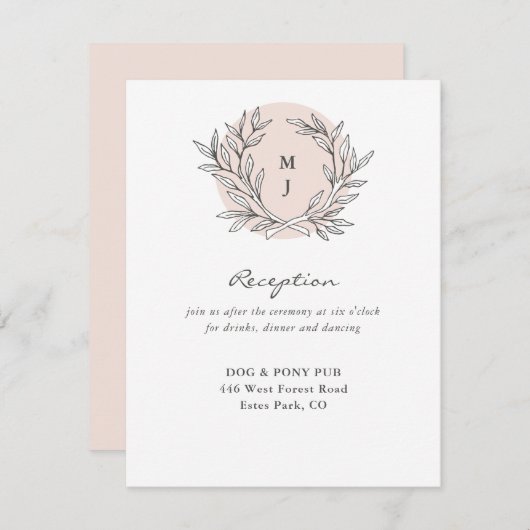 Blush rustieke Monogram krans bruiloft receptie Informatiekaartje (Voorkant / Achterkant)