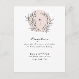 Blush rustieke Monogram krans bruiloft receptie Informatiekaartje