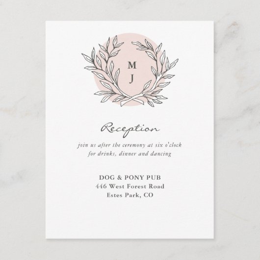 Blush rustieke Monogram krans bruiloft receptie Informatiekaartje (Voorkant)