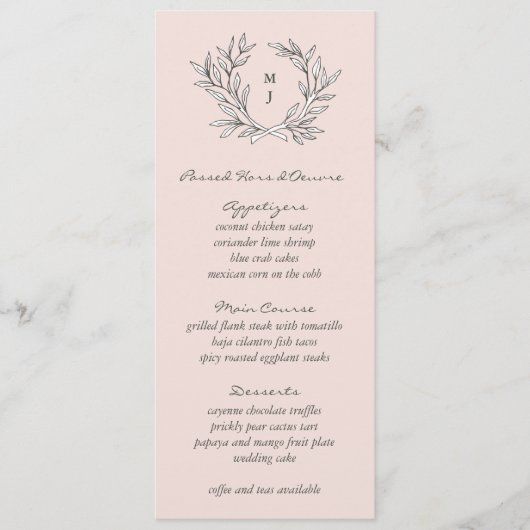 Blush rustieke Monogram krans bruiloft receptie Me Menu (Voorkant)