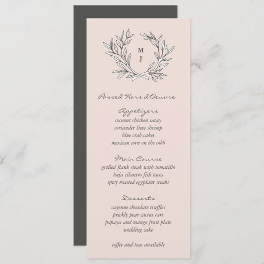 Blush rustieke Monogram krans bruiloft receptie Me Menu (Voorkant / Achterkant)