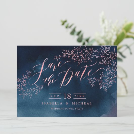 Blush rustige florale kalligrafie van de marine, b save the date (Staand voorkant)