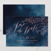 Blush rustige florale kalligrafie van de marine, b save the date (Voorkant / Achterkant)