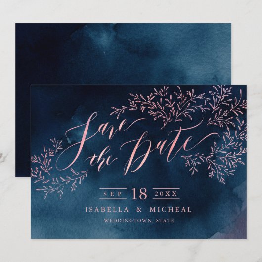 Blush rustige florale kalligrafie van de marine, b save the date (Voorkant / Achterkant)