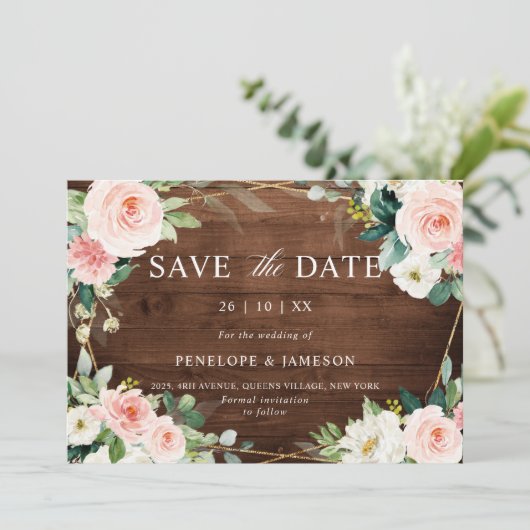 Blush Rustige houtflora Geometrische botanische Save The Date (Staand voorkant)