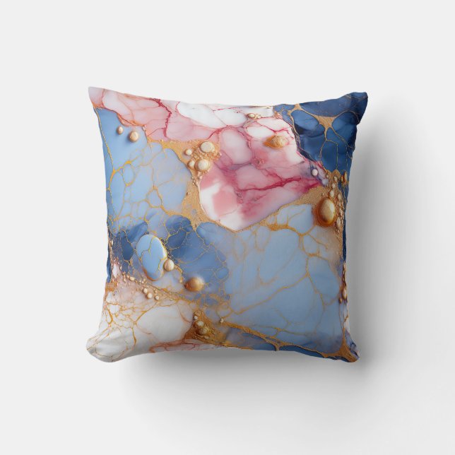 Blush & Saffier Marmer met Gouden Parels Kussen (Voorkant)