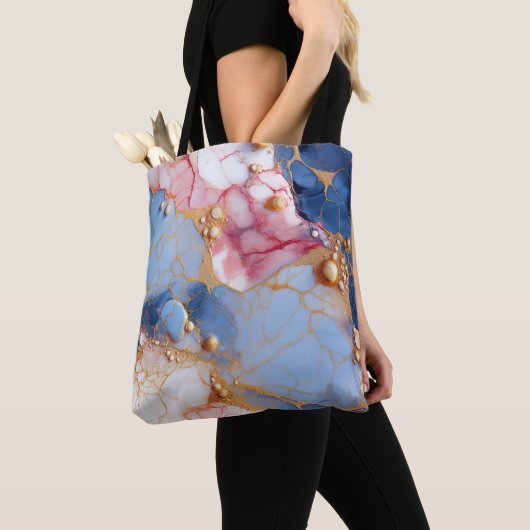 Blush & Saffier Marmer met Gouden Parels Tote Bag (Dichtbij)