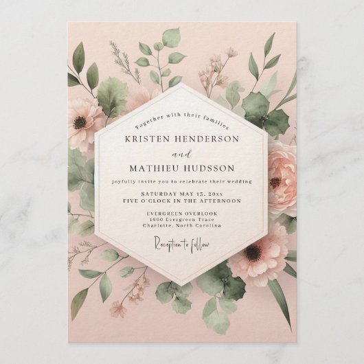 Blush Sage Aquarelle Flora Bruiloft Kaart (Voorkant)