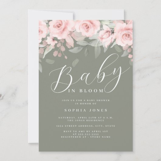 Blush Sage Bloemen Meisje Baby In Bloom Baby showe Kaart (Voorkant)