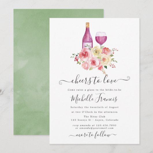 Blush & Sage Bloemige Bruiloftsborrel Wijnproeveri Kaart (Voorkant / Achterkant)