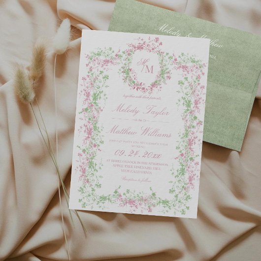 Blush & Sage Delicate French Wedding Kaart
