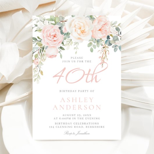Blush & Sage Elegant Bloemen 40ste Verjaardagsfees Kaart