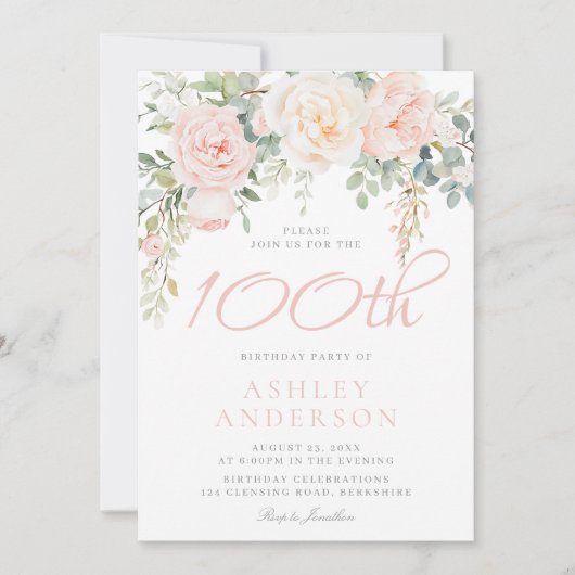 Blush & Sage Elegante Bloemen 100ste Verjaardagsfe Kaart (Voorkant)