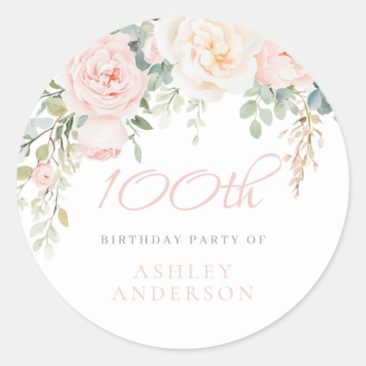 Blush & Sage Elegante Bloemen 100ste Verjaardagsfe Ronde Sticker (Voorkant)