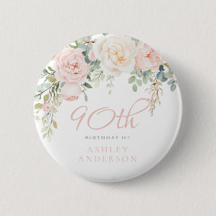 Blush & Sage Elegante Bloemen 90ste Verjaardagsfee Ronde Button 5,7 Cm