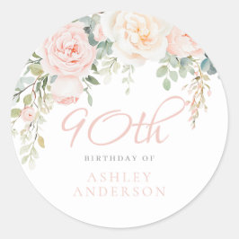 Blush & Sage Elegante Bloemen 90ste Verjaardagsfee Ronde Sticker