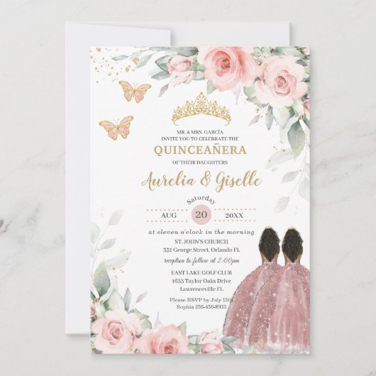 Blush Sage Floral Twins Bruin Prinses Quinceañera Kaart (Voorkant)