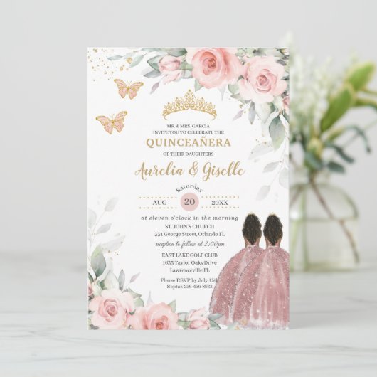 Blush Sage Floral Twins Bruin Prinses Quinceañera Kaart (Staand voorkant)