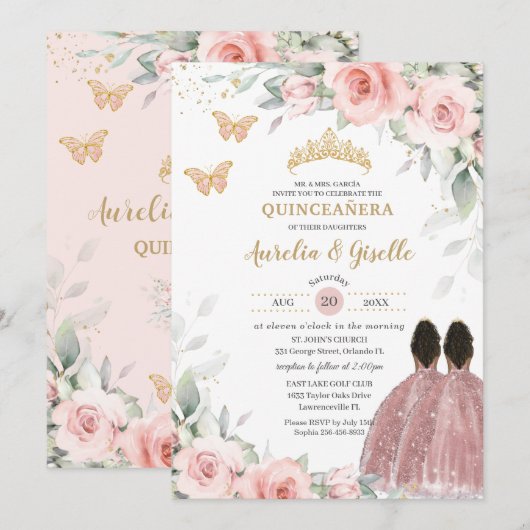 Blush Sage Floral Twins Bruin Prinses Quinceañera Kaart (Voorkant / Achterkant)