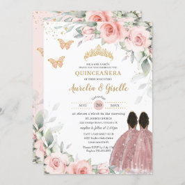 Blush Sage Floral Twins Bruin Prinses Quinceañera Kaart