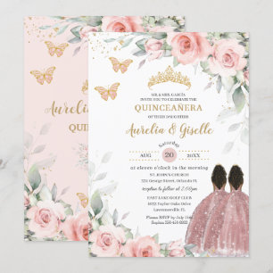 Blush Sage Floral Twins Bruin Prinses Quinceañera Kaart