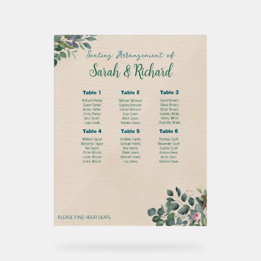 Blush Sage Floral Wedding Seating Chart Acryl Bord (Voorkant)