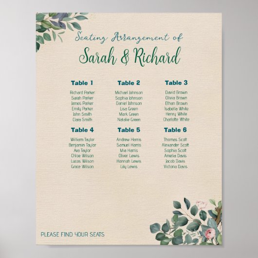 Blush Sage Floral Wedding Seating Chart Poster (Voorkant)