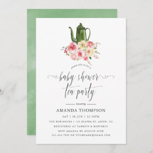 Blush & Sage Green Floral Baby shower Tea Party Kaart