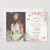 Blush Sage Green Floral Butterflies Quinceañera Save The Date (Voorkant)