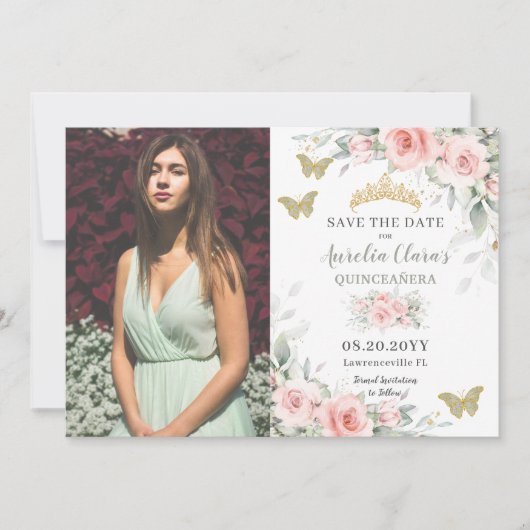 Blush Sage Green Floral Butterflies Quinceañera Save The Date (Voorkant)