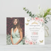 Blush Sage Green Floral Butterflies Quinceañera Save The Date (Staand voorkant)