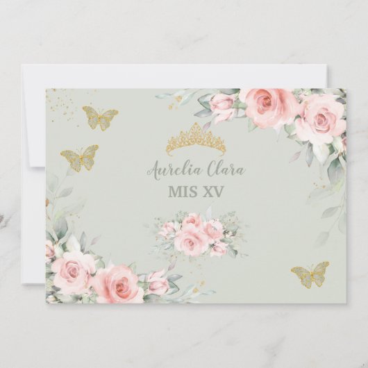 Blush Sage Green Floral Butterflies Quinceañera Save The Date (Achterkant)