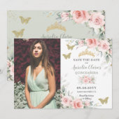 Blush Sage Green Floral Butterflies Quinceañera Save The Date (Voorkant / Achterkant)