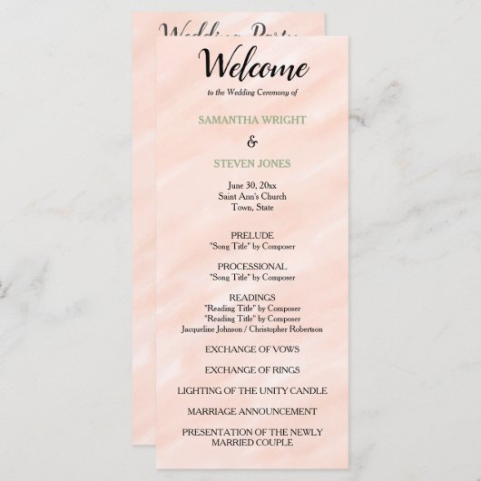 Blush Sage Green Waterverf Wedding Programme Programmakaart (Voorkant / Achterkant)