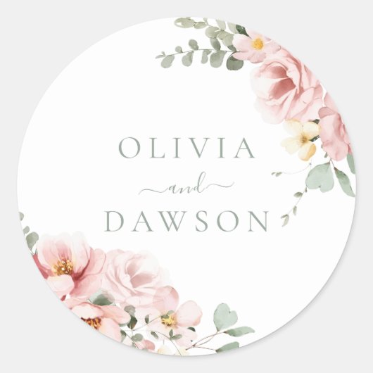 Blush & Sage Groen Goddelijke Elegantie Bruiloft Ronde Sticker (Voorkant)