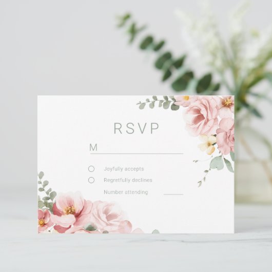 Blush & Sage Groen Goddelijke Elegantie Bruiloft RSVP Kaartje (Staand voorkant)