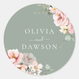 Blush & Sage Groen Moderne Bruiloft Ronde Sticker