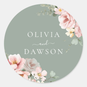 Blush & Sage Groen Moderne Bruiloft Ronde Sticker