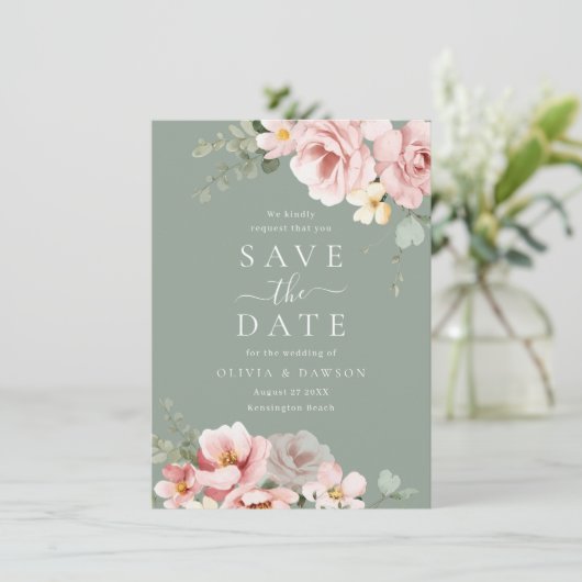 Blush & Sage Groen Moderne Bruiloft Save The Date (Staand voorkant)