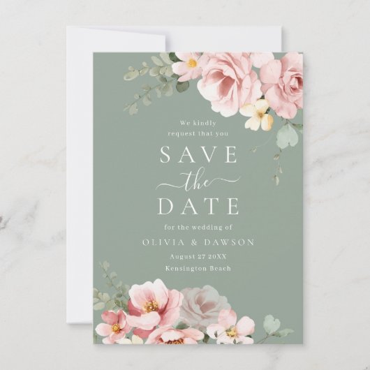 Blush & Sage Groen Moderne Bruiloft Save The Date (Voorkant)