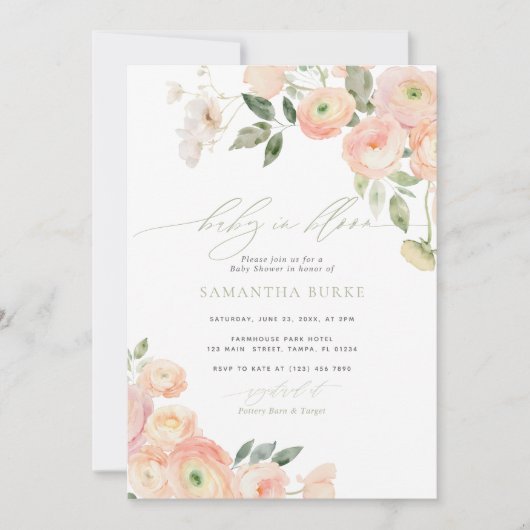 Blush & Sage Groene Bloemen Baby in Bloom Shower Kaart (Voorkant)