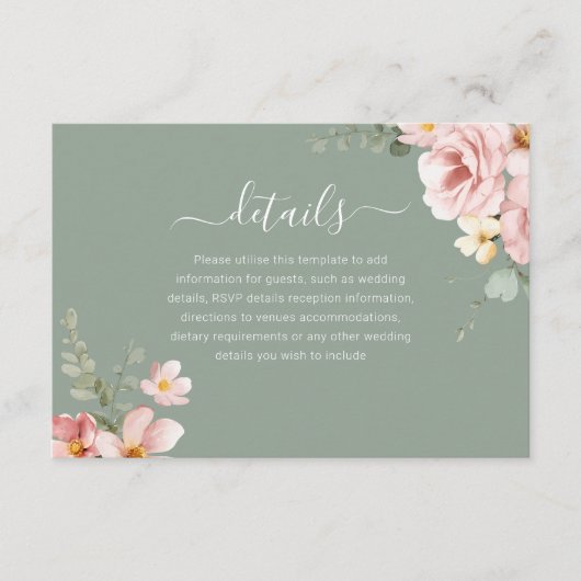 Blush Sage Groene Bloemen Bruiloft Receptie Detail Informatiekaartje (Voorkant)