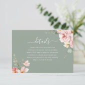 Blush Sage Groene Bloemen Bruiloft Receptie Detail Informatiekaartje (Staand voorkant)
