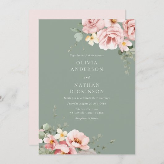 Blush & Sage Groene Bruiloft Kaart (Voorkant / Achterkant)