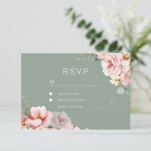 Blush & Sage Groene Bruiloft RSVP Reactie Kaart (Staand voorkant)