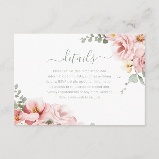 Blush & Sage Groene Goddelijke Elegantie Bruiloft  Informatiekaartje (Voorkant)