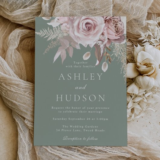 Blush & Sage Rozen Boho Bruiloft Kaart